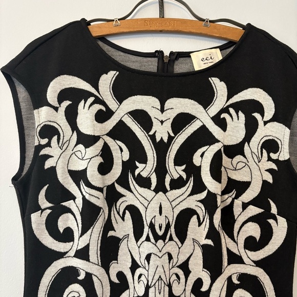 eci New York Baroque Scroll Knit Sheath Dress Black Beige Size 6 - Picture 2 of 8